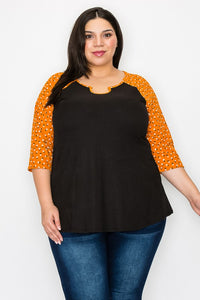 PSFU Black Body Top Shirt with Orange Floral Sleeves