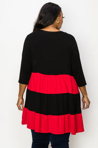 PSFU Red and Black Colorblock Tiered Shirt Top Tunic