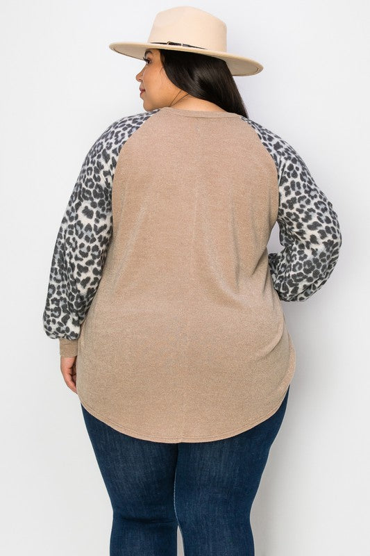 Beige Shirt Top w Leopard Bubble Sleeves