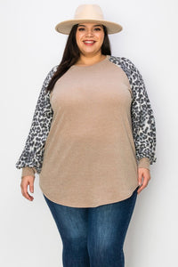 Beige Shirt Top w Leopard Bubble Sleeves