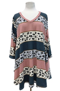 Pink Teal Stripe Leopard Top 3Qtr Sleeves