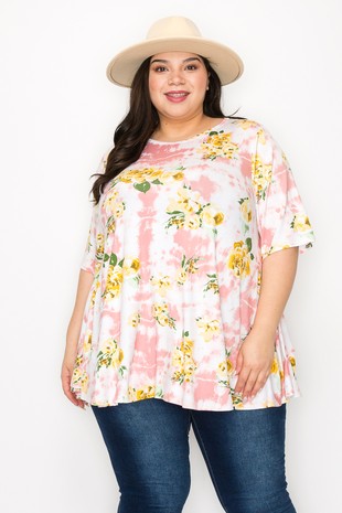 Pink & White Tie Dye w Yellow Florals Shirt Top