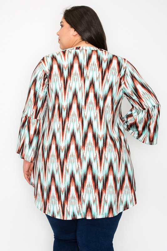 Brown Teal V-neck tie dye print top with ruffle sleeves