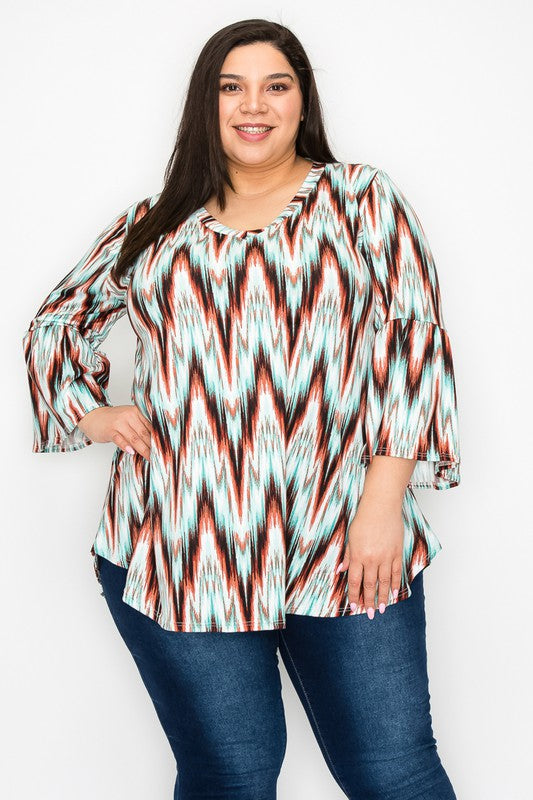 Brown Teal V-neck tie dye print top with ruffle sleeves