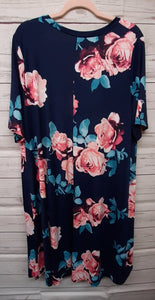 Blue V Neck Dress with Bright Pink Florals